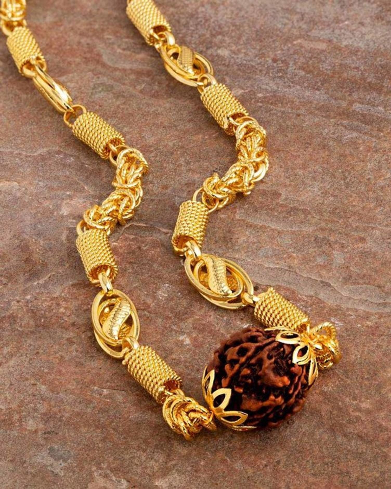 New Floral Casting Yellow Gold Plated Shiv Mahadev Symbol Rudraksha Bead Designer religious Feel Chain