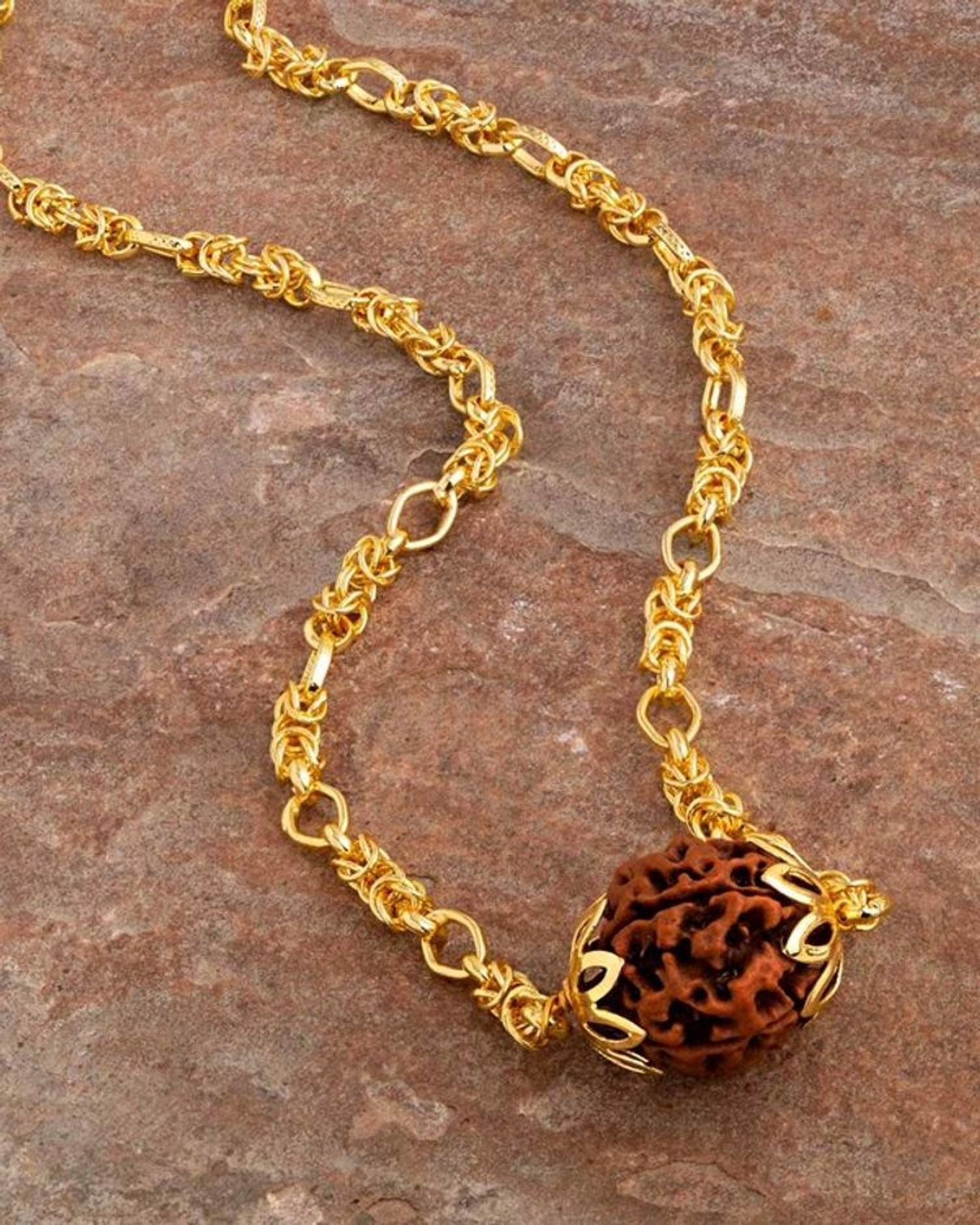 Yellow Gold Plated Shiv Mahadev Symbol Rudraksha Bead Designer religious Feel Chain