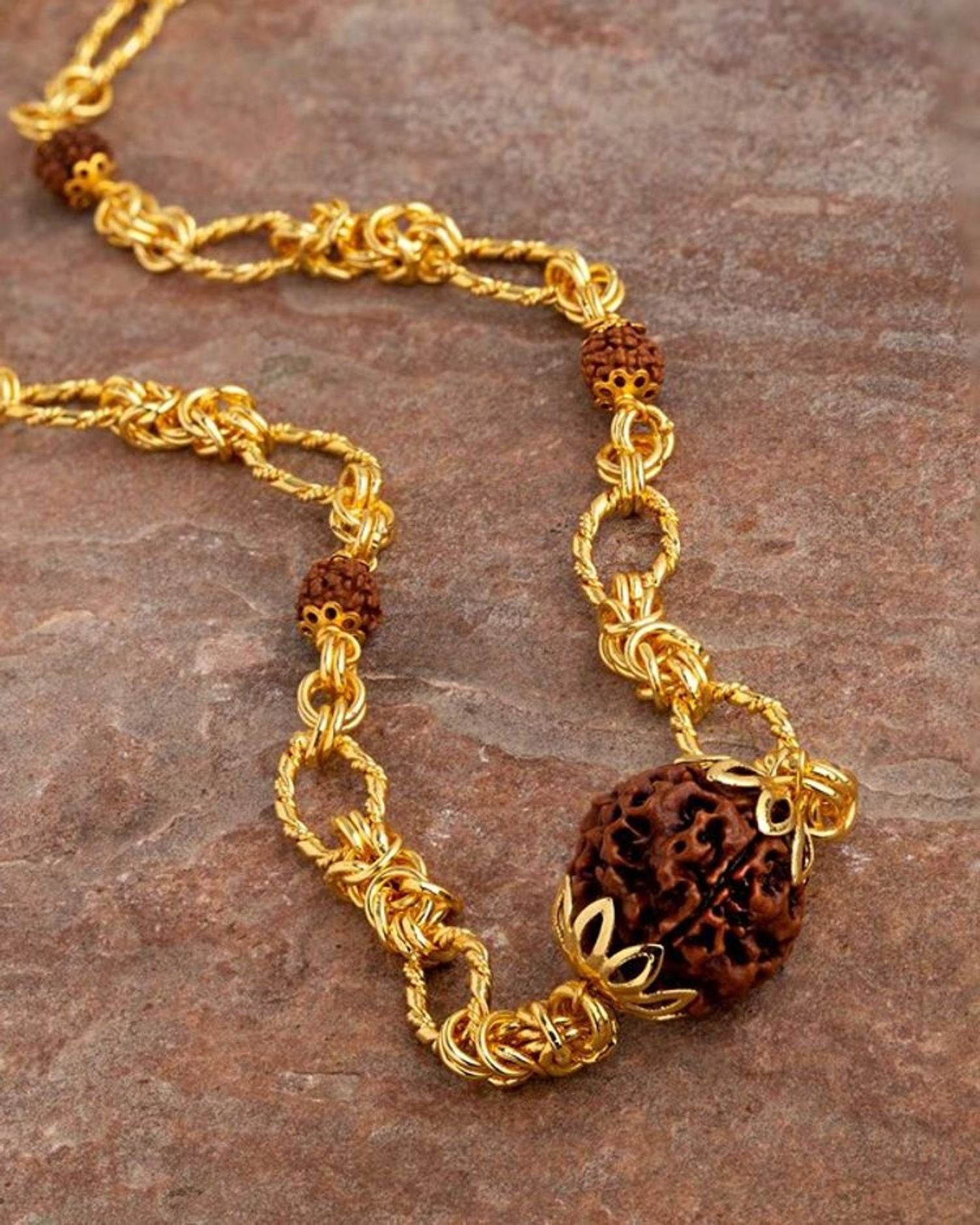 Yellow Gold Plated Shiv Mahadev Symbol Rudraksha Bead Chain