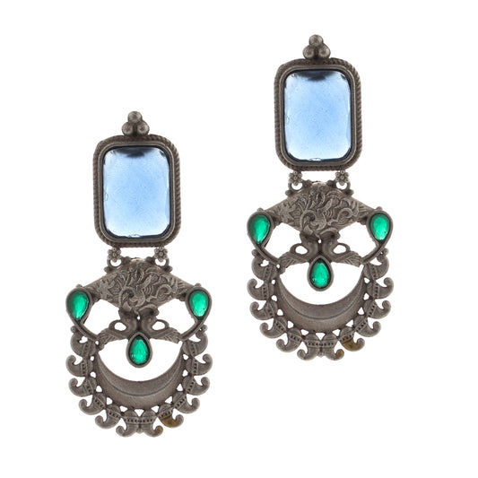 Silver Plated look alike artificial blue stone Oxidised Earrings