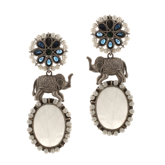 Trendy Oxidized Silver Earrings with Circular carved color stones