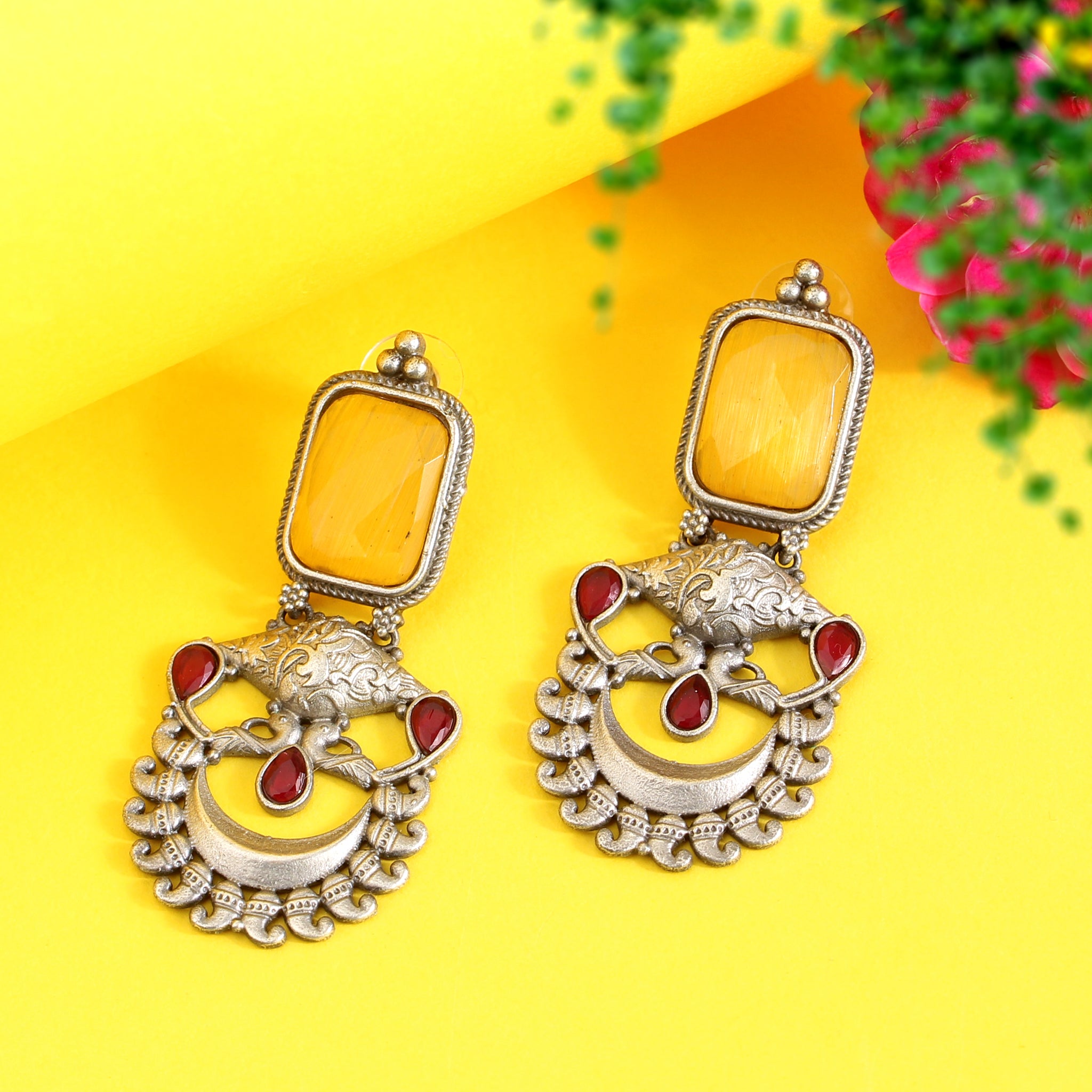 Oxidised Silver Plated Yellow stone Fashionable Earrings