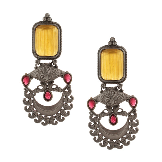 Oxidised Silver Plated Yellow stone Fashionable Earrings