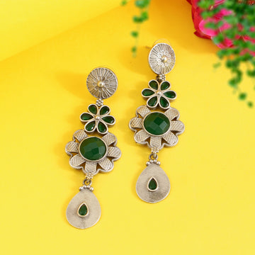 Silver Plated Drop Earrings- Green