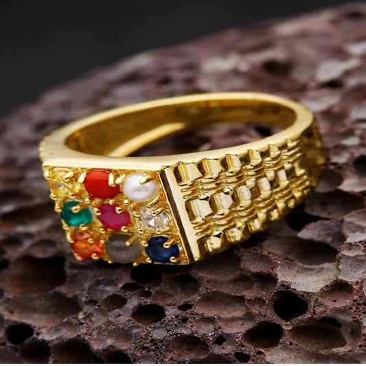 ELITE MEN FINGER RING /9 Gem Stone Navratan Brass Ring Brass Cubic Gold Plated Ring