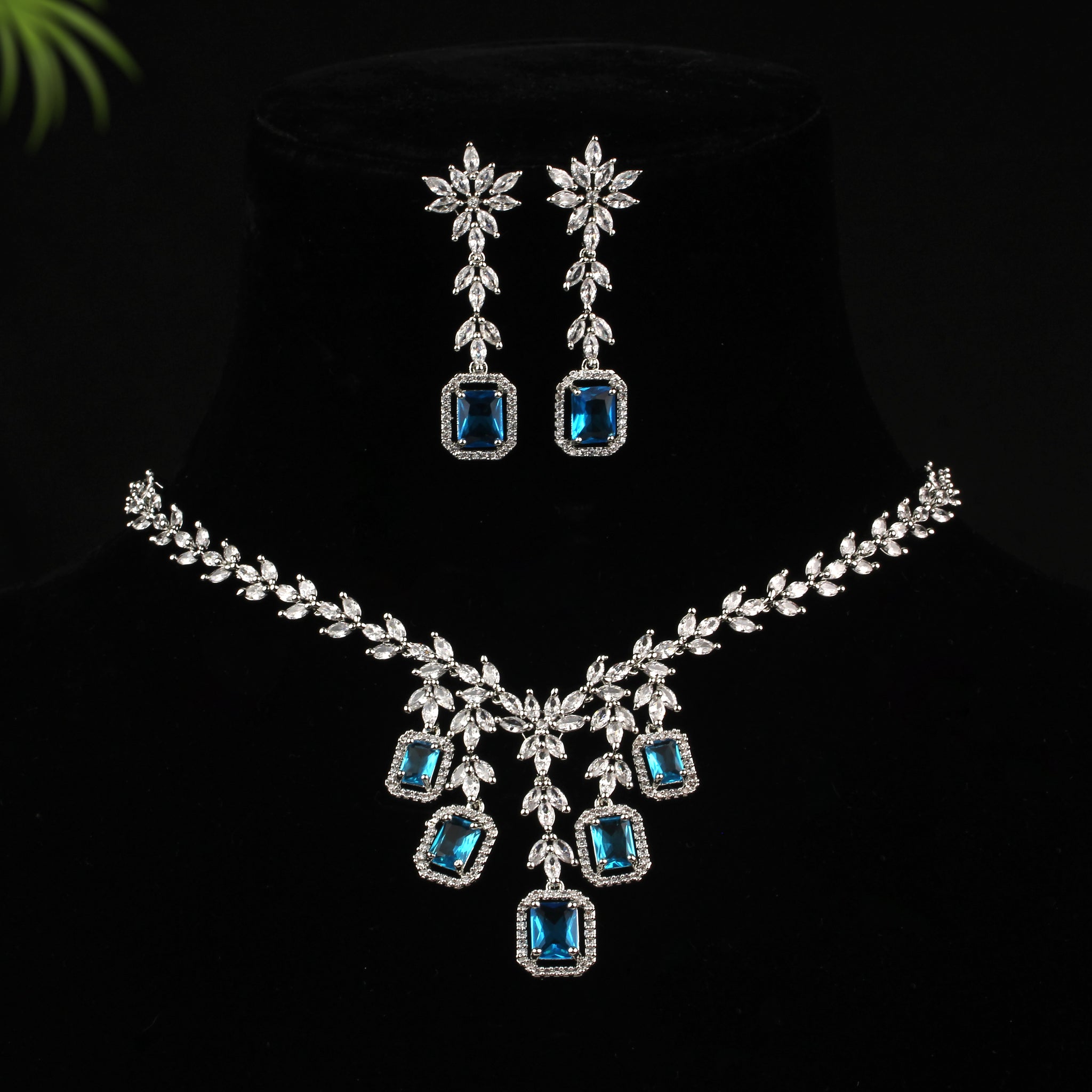 Neelima - Fully Flower Design with Blue Crystal Necklace Set with Drop Earring