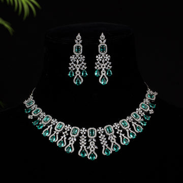 Peridot - Sliver Plated Flower Design Necklace Set with Earring