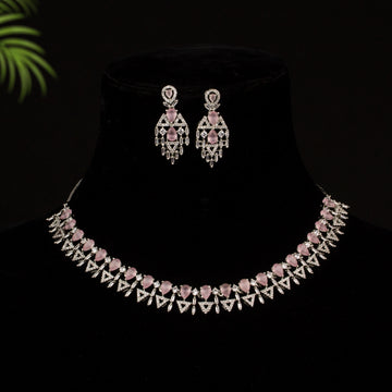 Trisha - Beautifully Design Silver plated with Pink Stone Necklace Set for Women