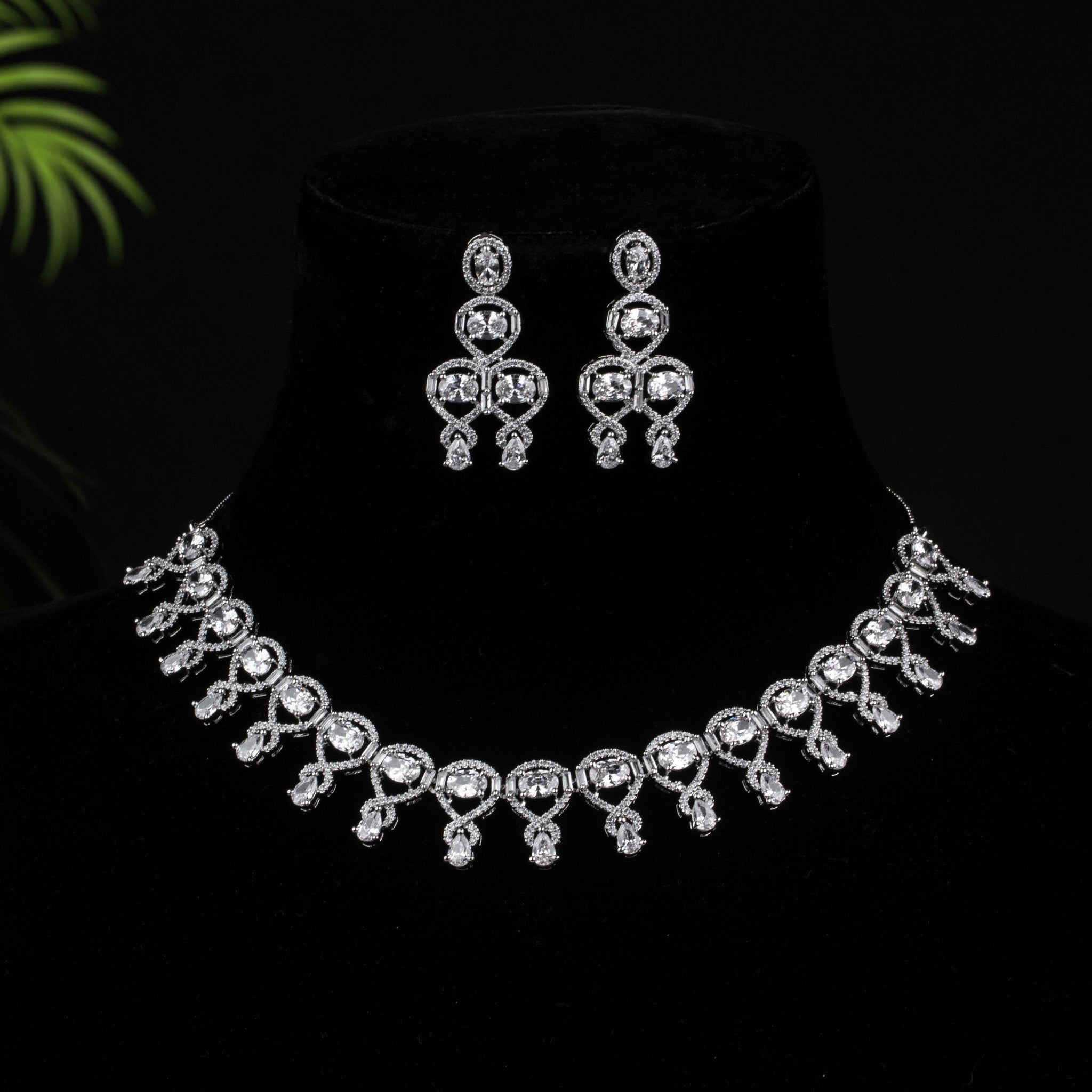 Manasvi - Silver Toned White/Diamond Studded Necklace and Drop Earring Set for Women