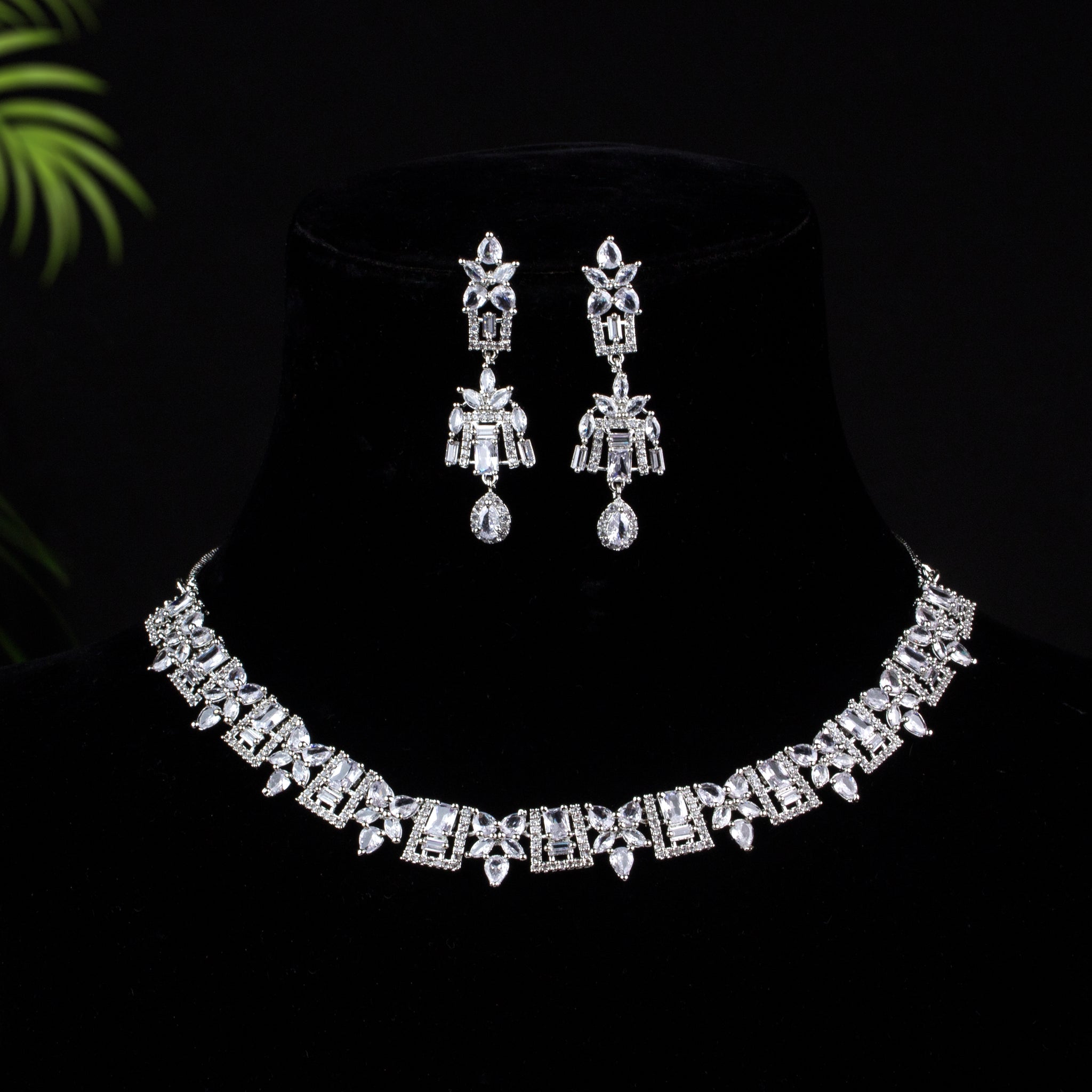 Divisha - Sliver Toned Diamond Necklace Set with One Pair of Earring for Women