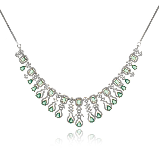 Peridot - Sliver Plated Flower Design Necklace Set with Earring