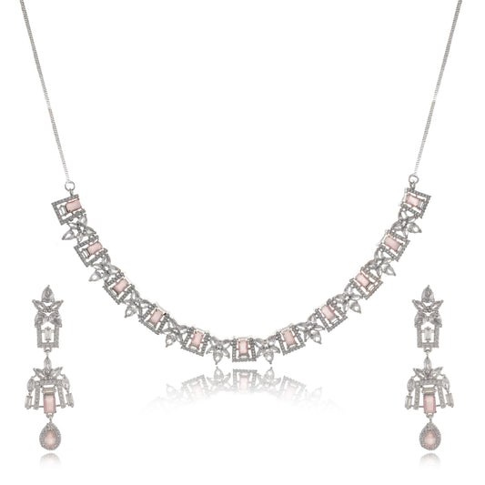 Divisha - Sliver Toned Diamond Necklace Set with One Pair of Earring for Women
