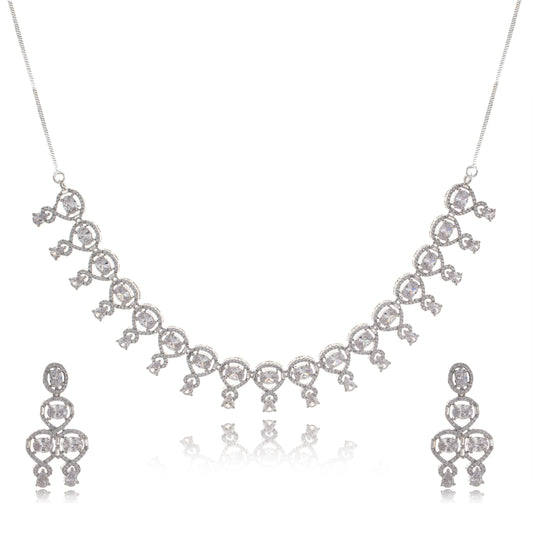 Manasvi - Silver Toned White/Diamond Studded Necklace and Drop Earring Set for Women