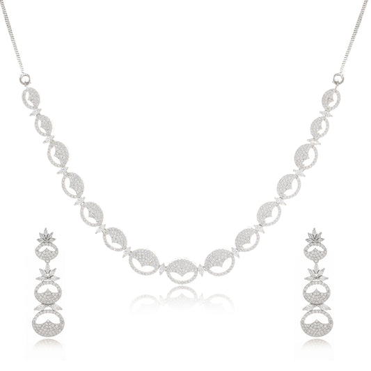 Advika -  Simple and Elegant Design Diamond Silver Plated Necklace with Earring Jewelery Set