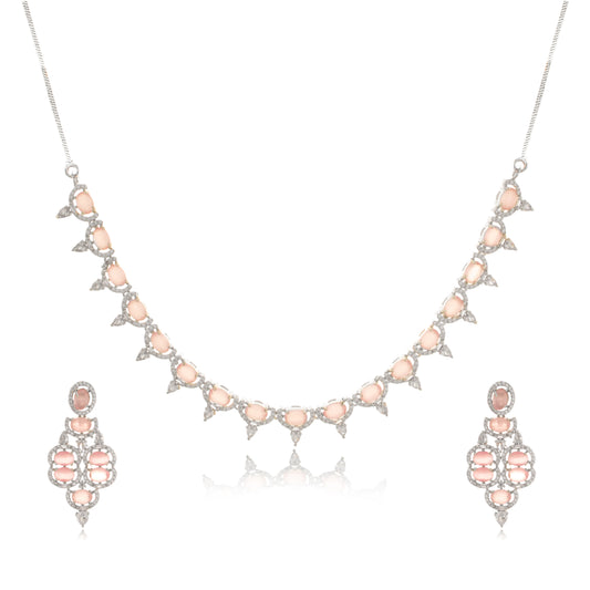 Ruhi - Rosegold Polished Diamond Studded Necklace with Pair of Earring for Women