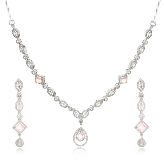 Doris - Sliver Plated Artificial Stone Studded Necklace Jewellery Set with one Pair of Earring