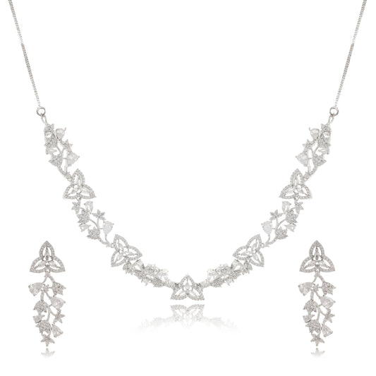 Dhara - Silver Plated Sparkling And Delicate Flower Necklace Set with Drop Earring