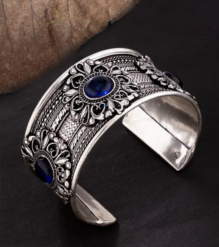 Silver-Plated BLUE Stone Studded Bangle